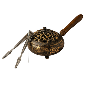 
                  
                    9" Golden Finish Iron Charcoal Burner with Lid & Wood Handle
                  
                