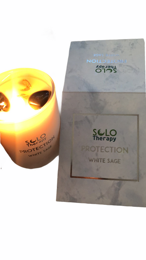 
                  
                    PROTECTION: White Sage Candle with Black Obsidian Crystals / Solo Therapy
                  
                